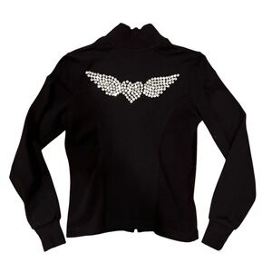 Bebe Sport Black Cotton Zip Up Jacket with Heart and Wings Chunky Rhinestones